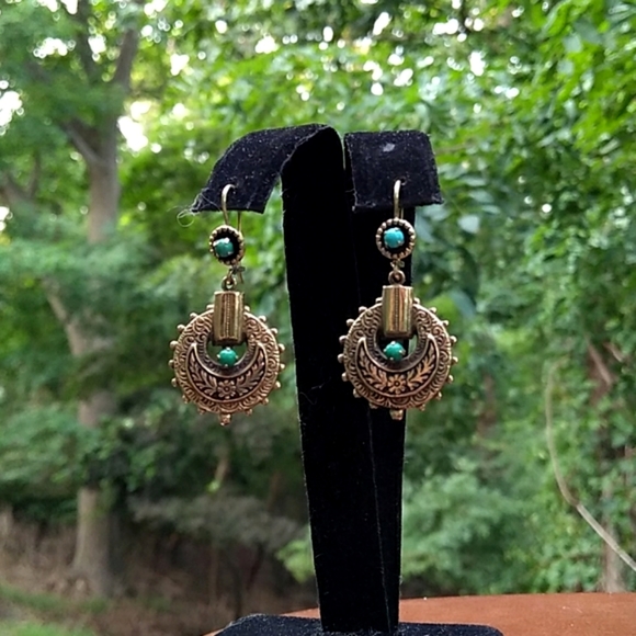 c.1800s VICTORIAN 14K Gold Turquoise Drop Earrings ANTIQUE - Picture 2 of 12